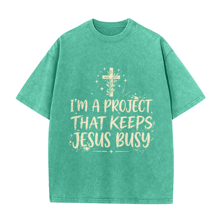 Christianartworkshop T-shirt unisexe délavé « Je suis un projet qui occupe Jésus » (Citation humoristique sur la foi) - Vert - 5XL - image 4