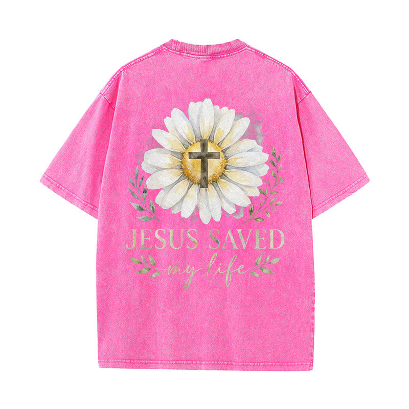 Christianartworkshop T-shirt délavé avec imprimé aquarelle marguerite et croix (recto et verso) « Jésus m'a sauvé la vie » - image 16