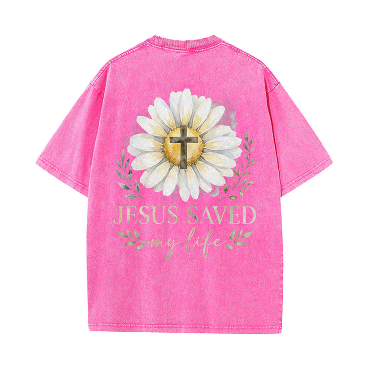 Christianartworkshop T-shirt délavé avec imprimé aquarelle marguerite et croix (recto et verso) « Jésus m'a sauvé la vie » - image 16