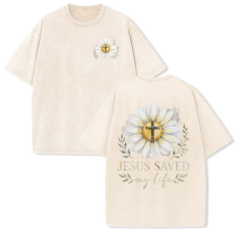Christianartworkshop T-shirt délavé avec imprimé aquarelle marguerite et croix (recto et verso) « Jésus m'a sauvé la vie » - Beige - 5XL - image 6