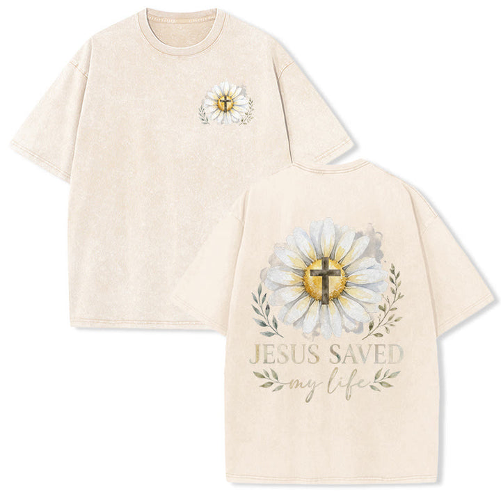 Christianartworkshop T-shirt délavé avec imprimé aquarelle marguerite et croix (recto et verso) « Jésus m'a sauvé la vie » - Beige - 5XL - image 6