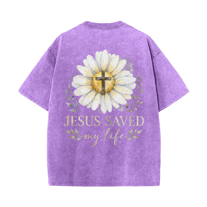 Christianartworkshop T-shirt délavé avec imprimé aquarelle marguerite et croix (recto et verso) « Jésus m'a sauvé la vie » - image 19