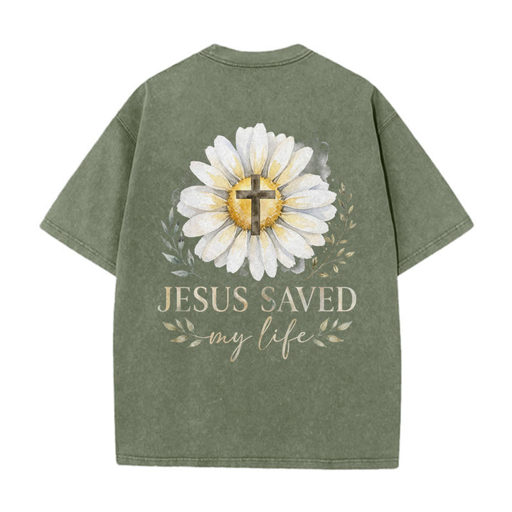Christianartworkshop T-shirt délavé avec imprimé aquarelle marguerite et croix (recto et verso) « Jésus m'a sauvé la vie » - image 10