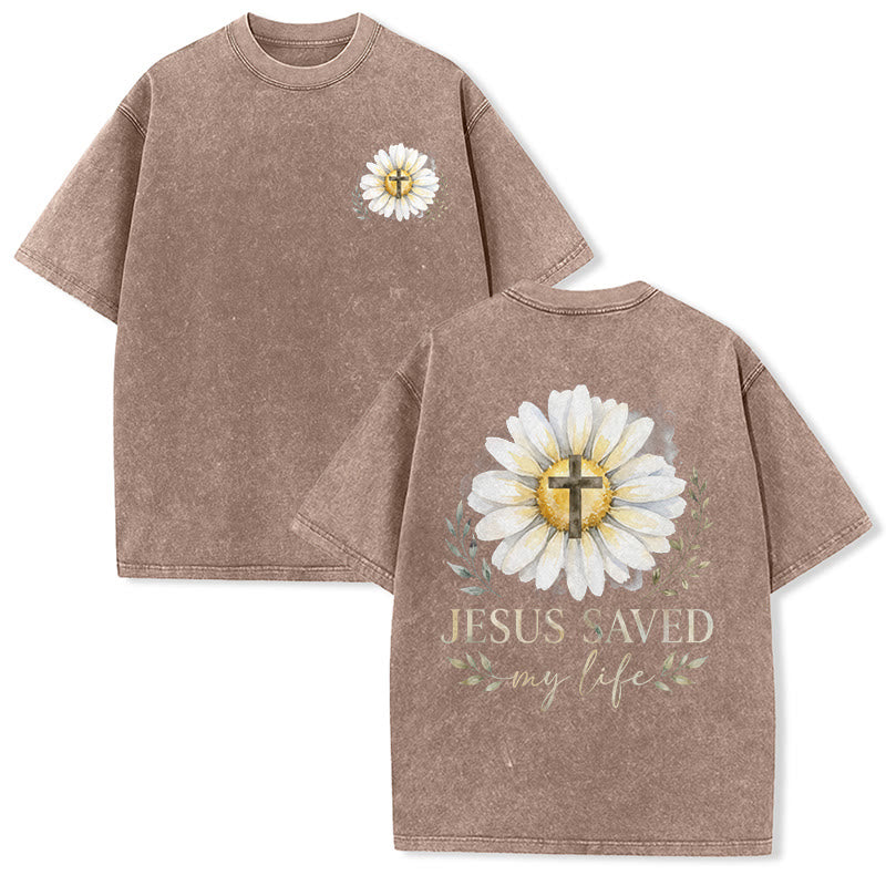 Christianartworkshop T-shirt délavé avec imprimé aquarelle marguerite et croix (recto et verso) « Jésus m'a sauvé la vie » - Brun - 5XL - image 3