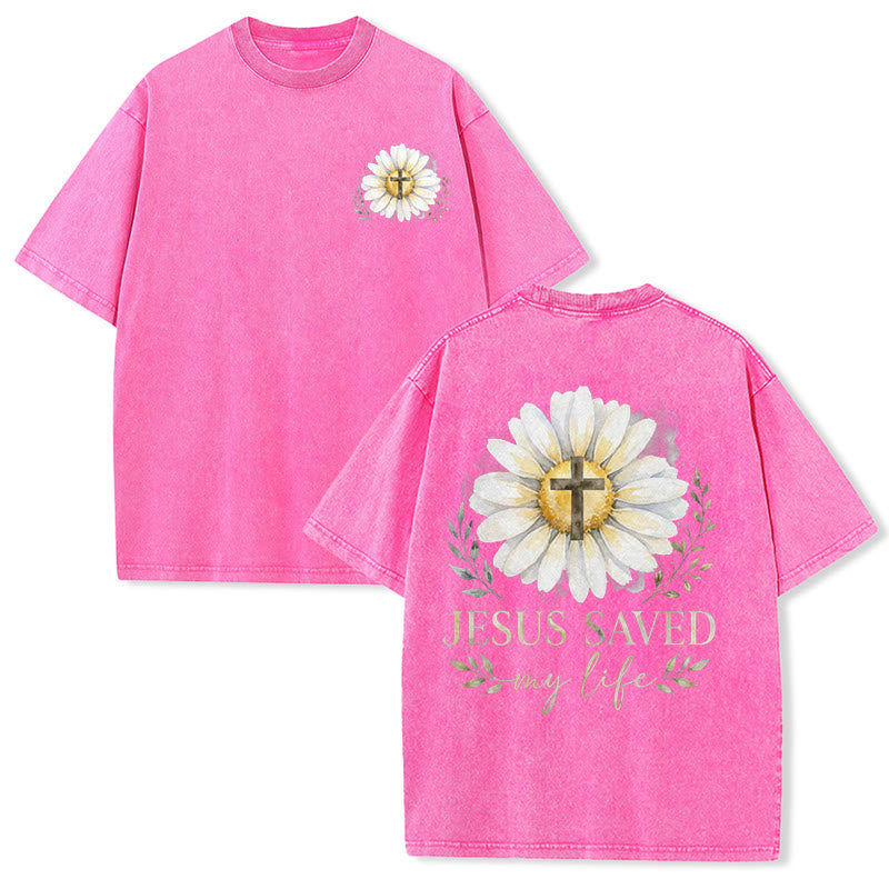 Christianartworkshop T-shirt délavé avec imprimé aquarelle marguerite et croix (recto et verso) « Jésus m'a sauvé la vie » - Rose - 5XL - image 15