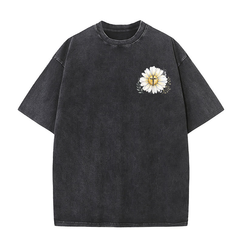 Christianartworkshop T-shirt délavé avec imprimé aquarelle marguerite et croix (recto et verso) « Jésus m'a sauvé la vie » - image 2