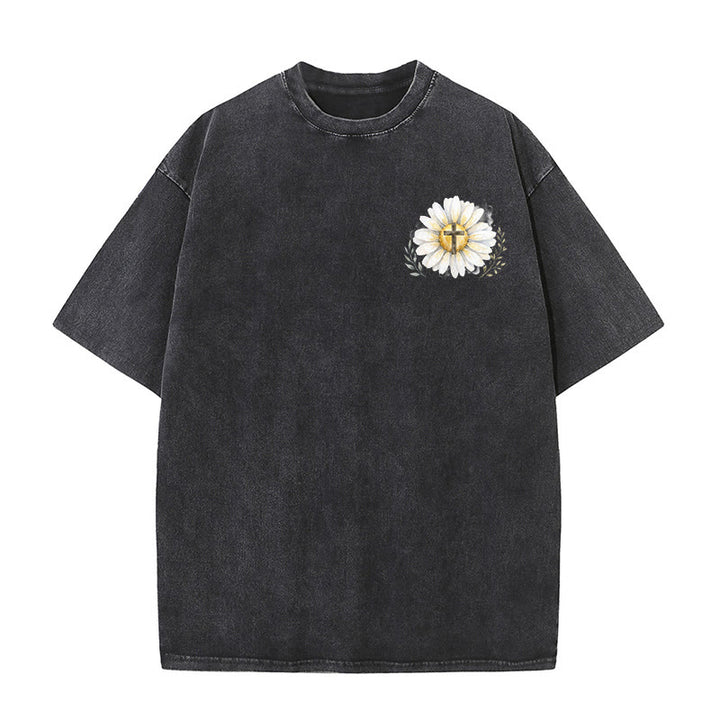 Christianartworkshop T-shirt délavé avec imprimé aquarelle marguerite et croix (recto et verso) « Jésus m'a sauvé la vie » - image 2