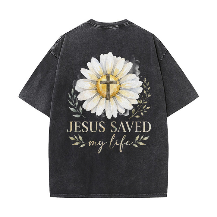 Christianartworkshop T-shirt délavé avec imprimé aquarelle marguerite et croix (recto et verso) « Jésus m'a sauvé la vie » - image 1
