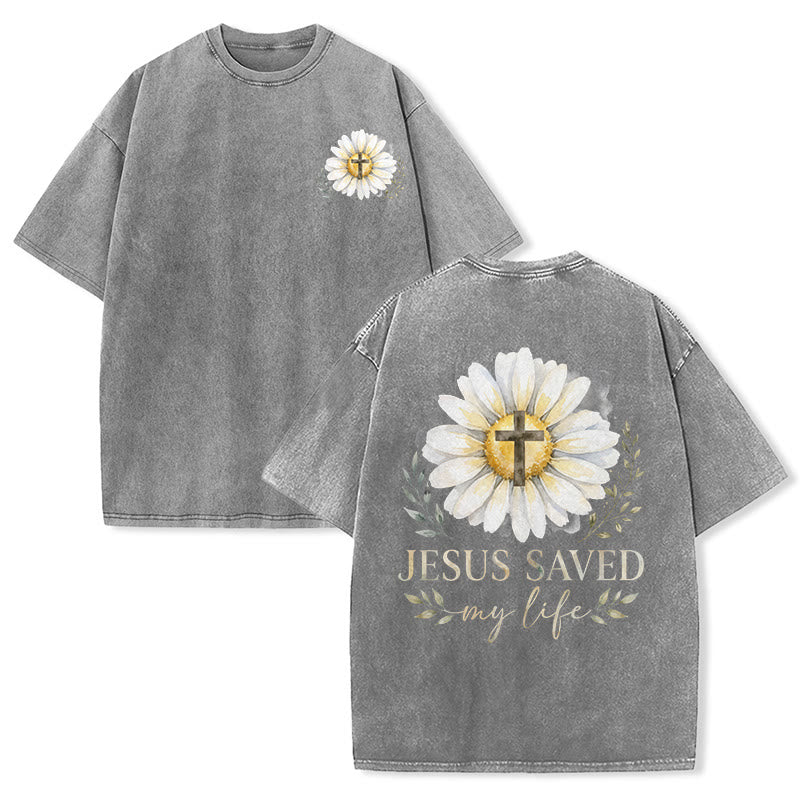 Christianartworkshop T-shirt délavé avec imprimé aquarelle marguerite et croix (recto et verso) « Jésus m'a sauvé la vie » - Gris - 5XL - image 24
