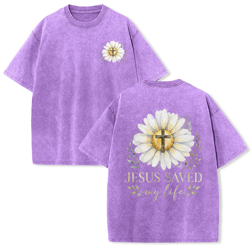 Christianartworkshop T-shirt délavé avec imprimé aquarelle marguerite et croix (recto et verso) « Jésus m'a sauvé la vie » - Violet - 5XL - image 18