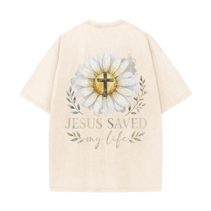 Christianartworkshop T-shirt délavé avec imprimé aquarelle marguerite et croix (recto et verso) « Jésus m'a sauvé la vie » - image 7