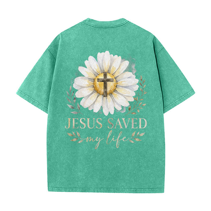 Christianartworkshop T-shirt délavé avec imprimé aquarelle marguerite et croix (recto et verso) « Jésus m'a sauvé la vie » - image 13