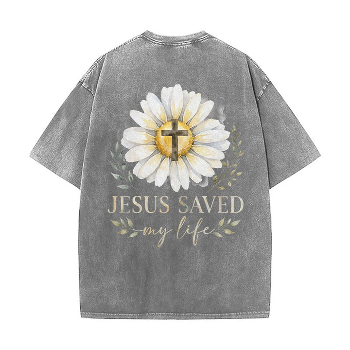 Christianartworkshop T-shirt délavé avec imprimé aquarelle marguerite et croix (recto et verso) « Jésus m'a sauvé la vie » - image 25
