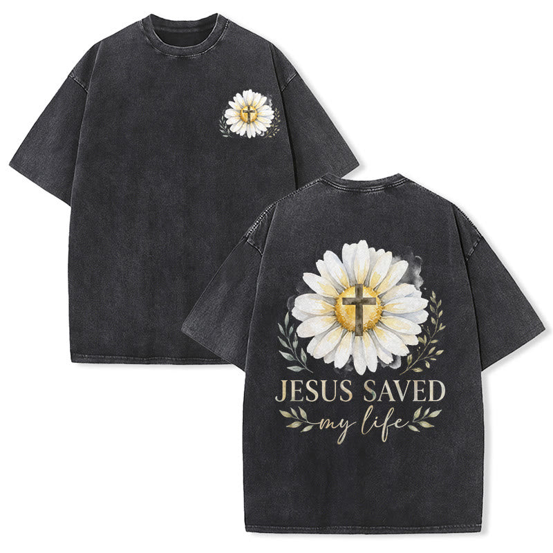 Christianartworkshop T-shirt délavé avec imprimé aquarelle marguerite et croix (recto et verso) « Jésus m'a sauvé la vie » - Noir - 5XL - image 0