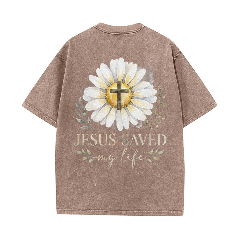 Christianartworkshop T-shirt délavé avec imprimé aquarelle marguerite et croix (recto et verso) « Jésus m'a sauvé la vie » - image 4