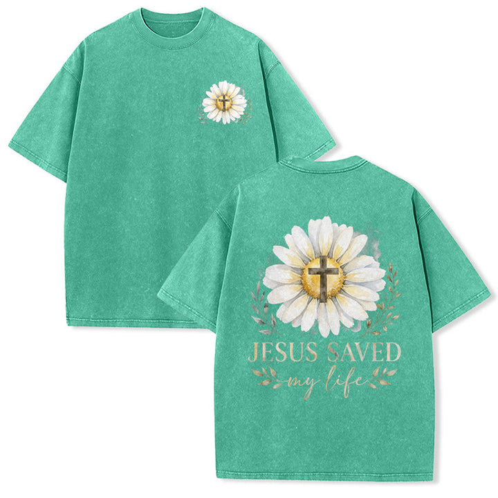 Christianartworkshop T-shirt délavé avec imprimé aquarelle marguerite et croix (recto et verso) « Jésus m'a sauvé la vie » - Vert - 5XL - image 12
