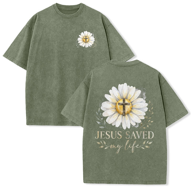 Christianartworkshop T-shirt délavé avec imprimé aquarelle marguerite et croix (recto et verso) « Jésus m'a sauvé la vie » - Vert armée - 5XL - image 9