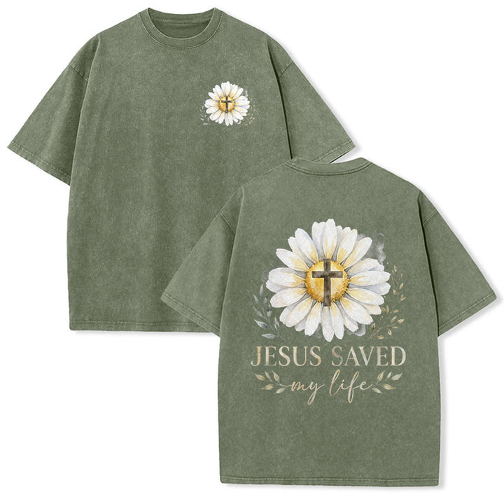 Christianartworkshop T-shirt délavé avec imprimé aquarelle marguerite et croix (recto et verso) « Jésus m'a sauvé la vie » - Vert armée - 5XL - image 9