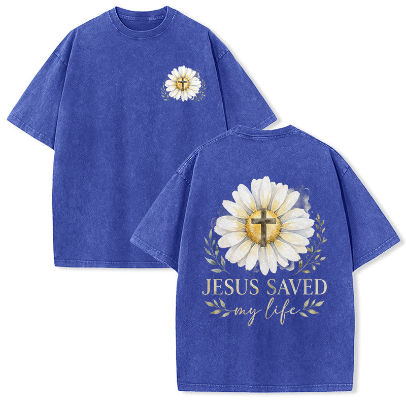 Christianartworkshop T-shirt délavé avec imprimé aquarelle marguerite et croix (recto et verso) « Jésus m'a sauvé la vie » - Bleu - 5XL - image 21