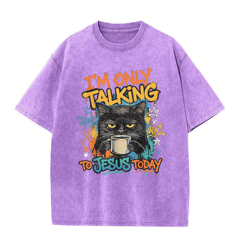 Christianartworkshop T-shirt unisexe « Je ne parle qu'à Jésus aujourd'hui » avec graffiti et chat, effet café délavé - Violet - 5XL - image 6
