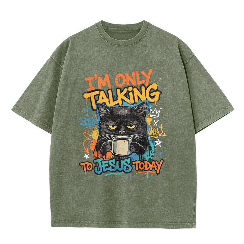 Christianartworkshop T-shirt unisexe « Je ne parle qu'à Jésus aujourd'hui » avec graffiti et chat, effet café délavé - Vert armée - 5XL - image 3
