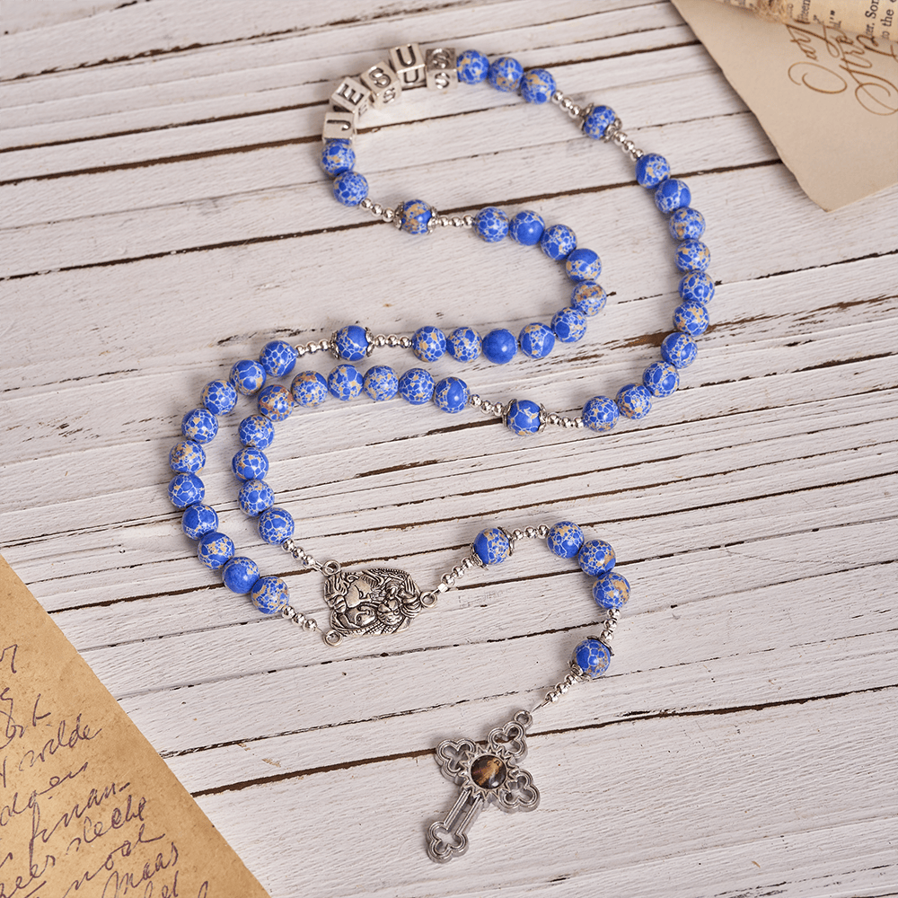 Christianartworkshop Chapelet en pierre de l'Empereur bleu royal avec la Sainte Famille et la Croix de la Miséricorde Divine - image 1