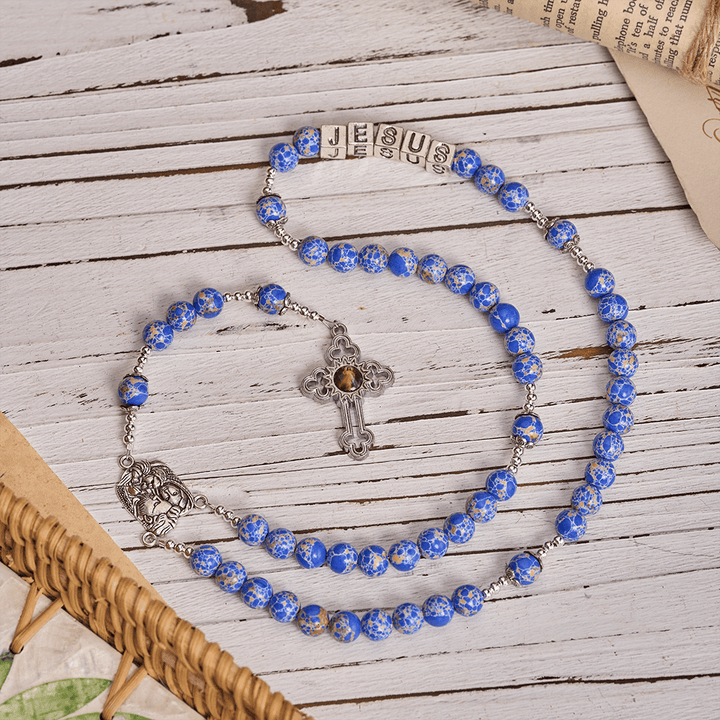 Christianartworkshop Chapelet en pierre de l'Empereur bleu royal avec la Sainte Famille et la Croix de la Miséricorde Divine - JÉSUS - image 0