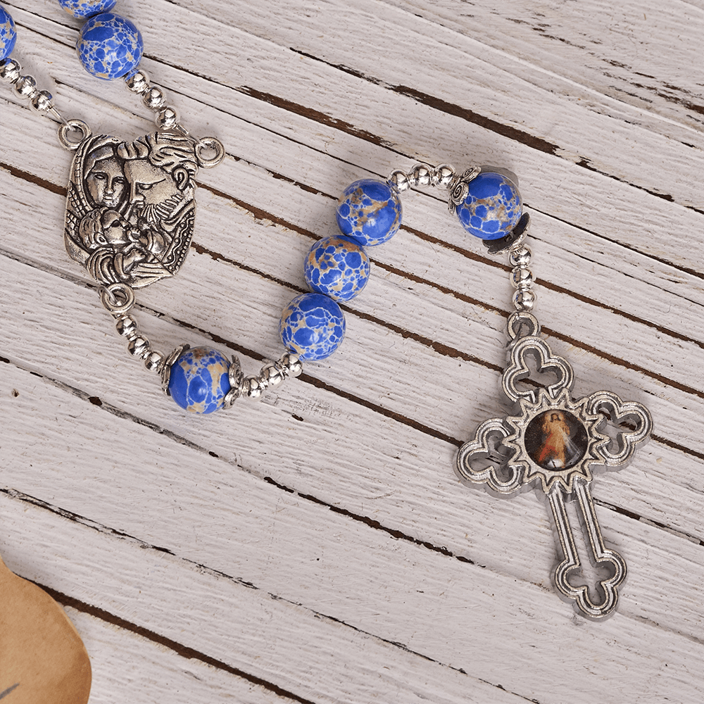 Christianartworkshop Chapelet en pierre de l'Empereur bleu royal avec la Sainte Famille et la Croix de la Miséricorde Divine - image 6