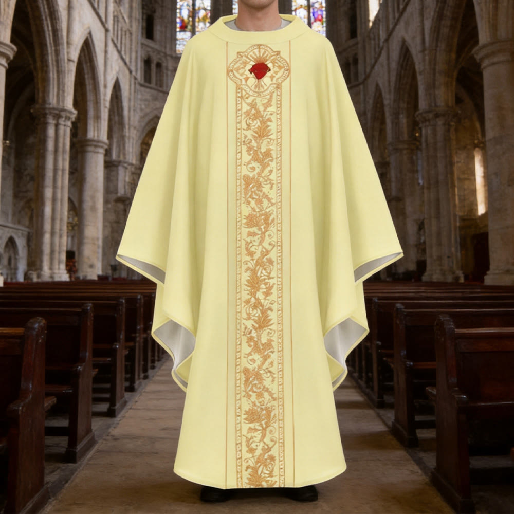 Chasuble Christianartworkshop ornée d'un blason du Sacré-Cœur et d'un motif floral. - Jaune - Taille unique convenant à la plupart des morphologies - image 6