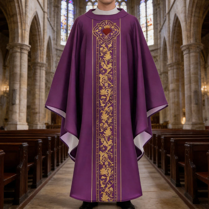 Chasuble Christianartworkshop ornée d'un blason du Sacré-Cœur et d'un motif floral. - Violet - Taille unique convenant à la plupart des morphologies - image 9