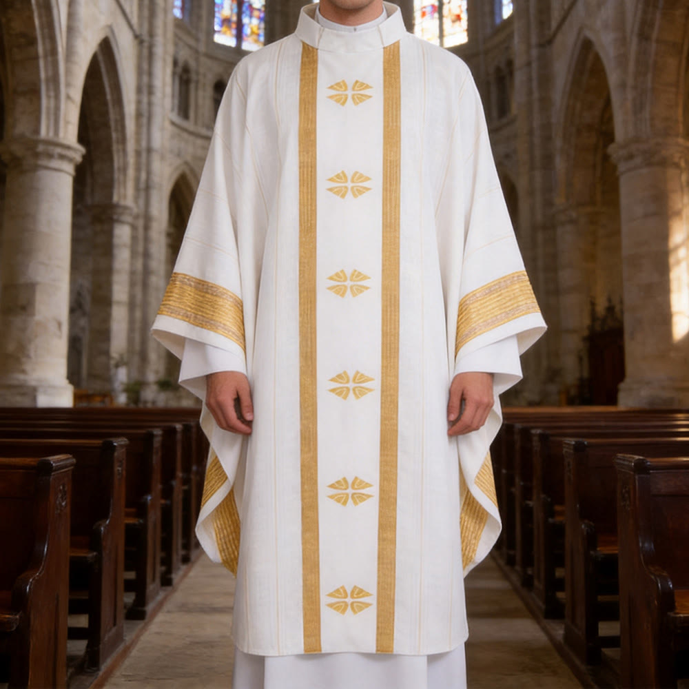 Christianartworkshop Chasuble traditionnelle du clergé avec panneau central et motifs floraux - Blanc - Taille unique convenant à la plupart des personnes - image 6