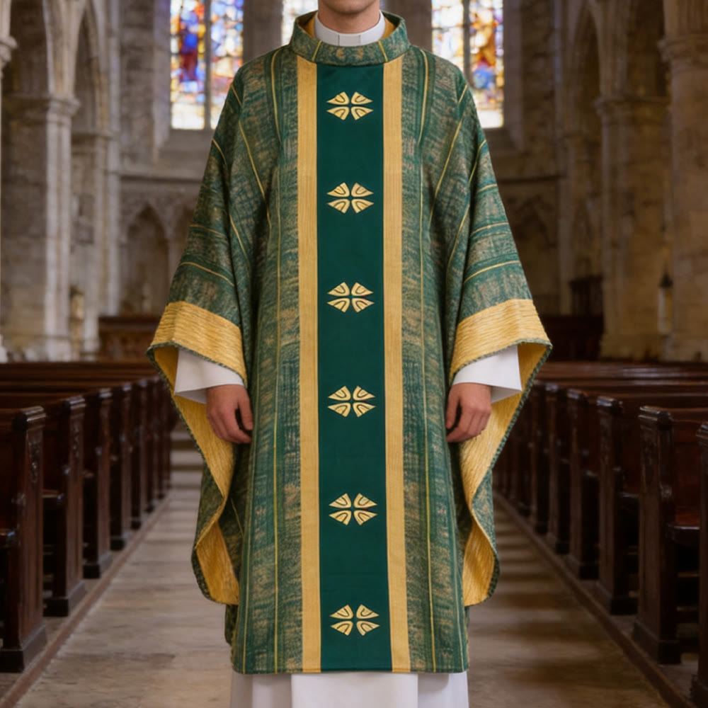 Christianartworkshop Chasuble traditionnelle du clergé avec panneau central et motifs floraux - Vert - Taille unique convenant à la plupart des personnes - image 9