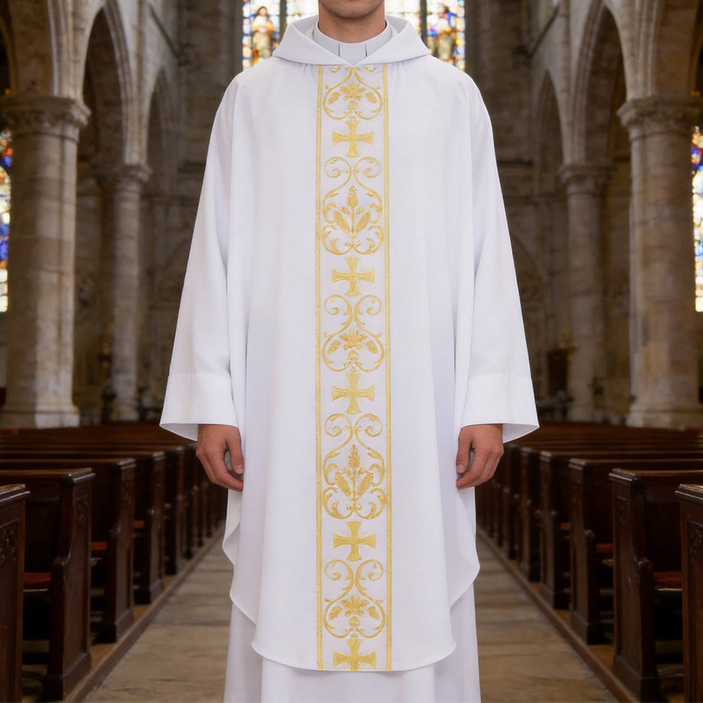 Chasuble élégante Christianartworkshop avec croix centrale, motif floral et épi de blé - Blanc - Taille unique convenant à la plupart des morphologies - image 0