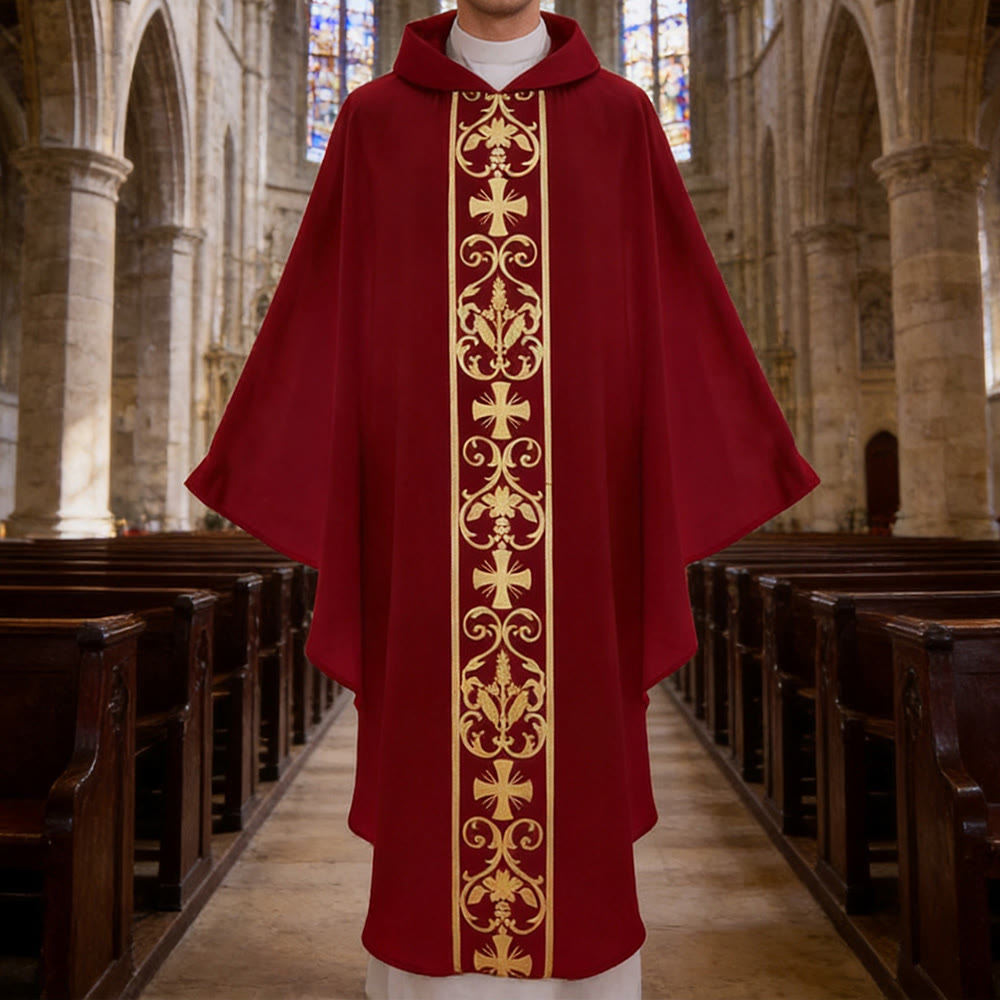 Chasuble élégante Christianartworkshop avec croix centrale, motif floral et épi de blé - Rouge - Taille unique convenant à la plupart des morphologies - image 10