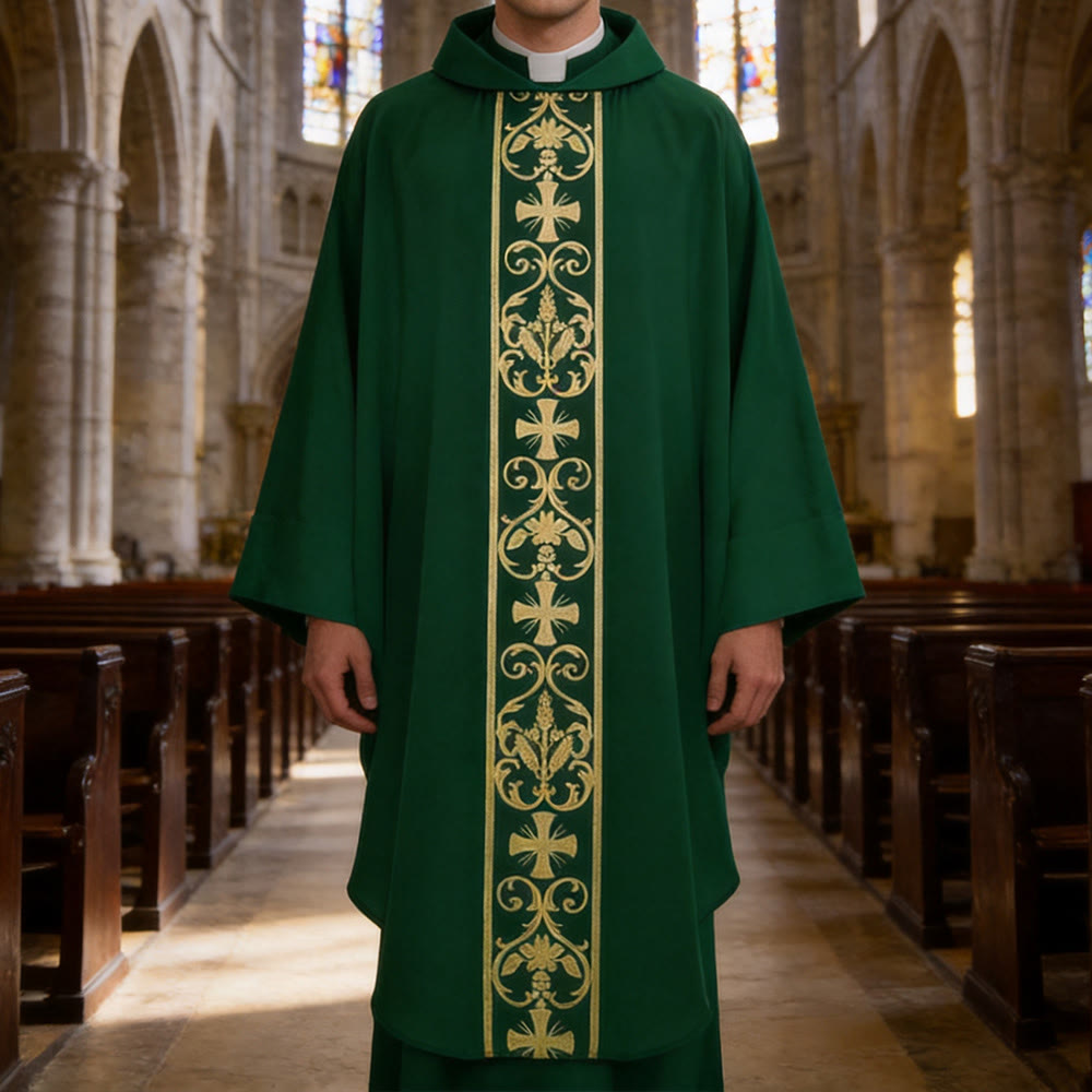 Chasuble élégante Christianartworkshop avec croix centrale, motif floral et épi de blé - Vert - Taille unique convenant à la plupart des morphologies - image 6