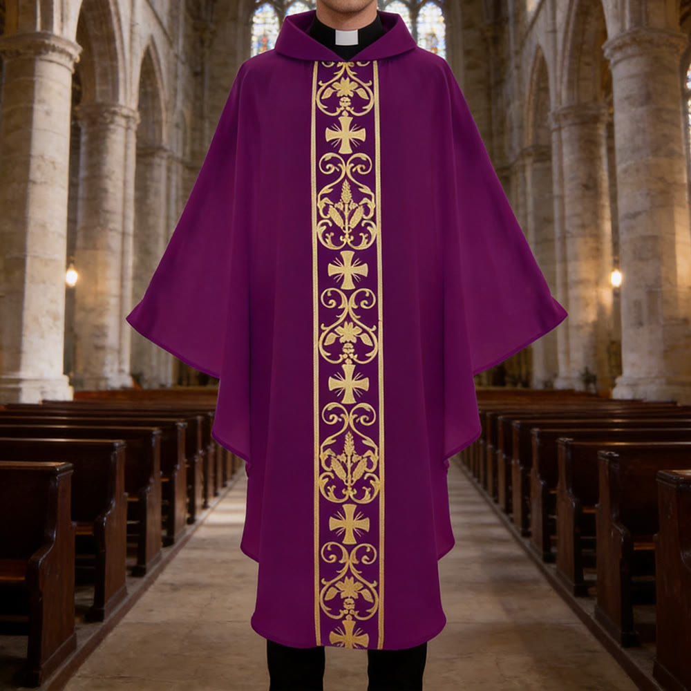 Chasuble élégante Christianartworkshop avec croix centrale, motif floral et épi de blé - Violet - Taille unique convenant à la plupart des morphologies - image 13
