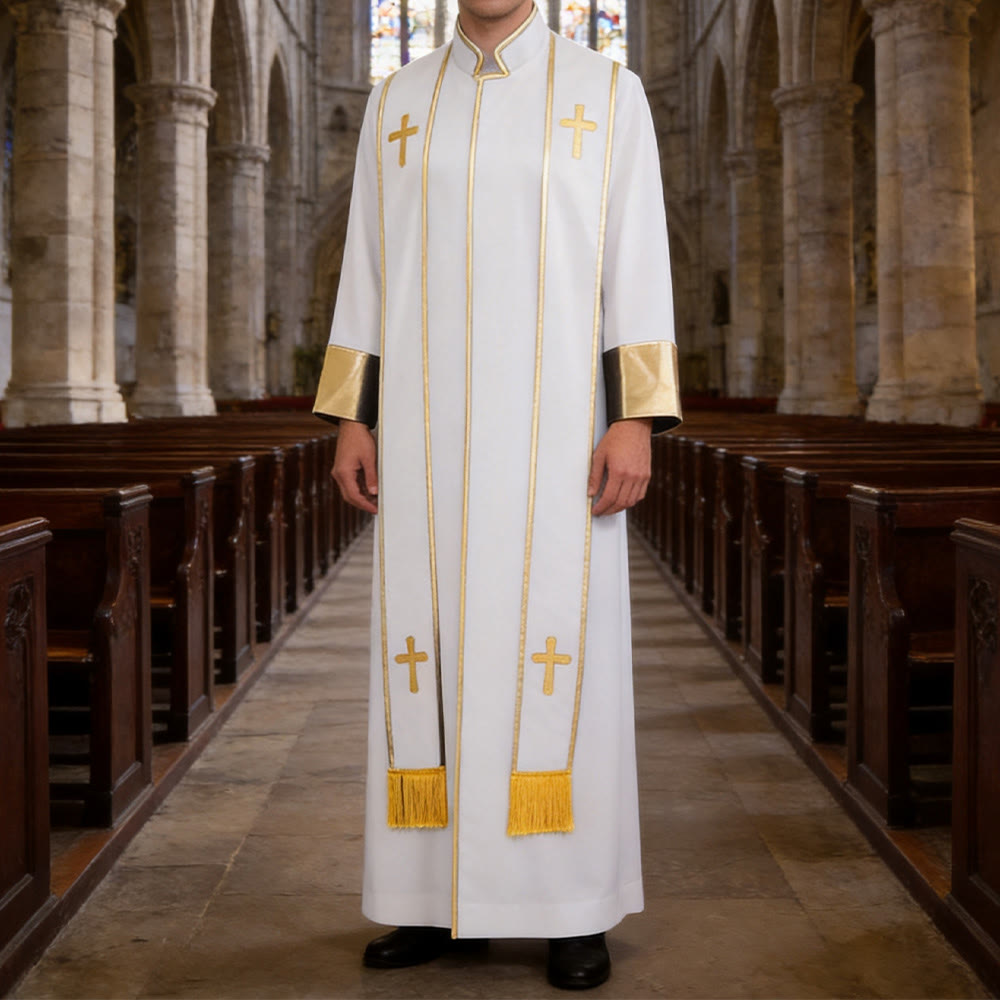 Christianartworkshop Robe de pasteur traditionnelle avec croix verticale et bordure aux manches - Blanc - 3XL - image 15