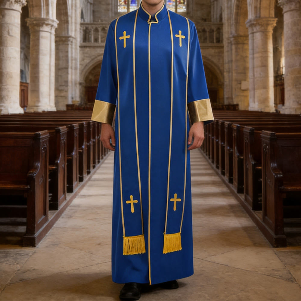 Christianartworkshop Robe de pasteur traditionnelle avec croix verticale et bordure aux manches - Bleu - 3XL - image 12