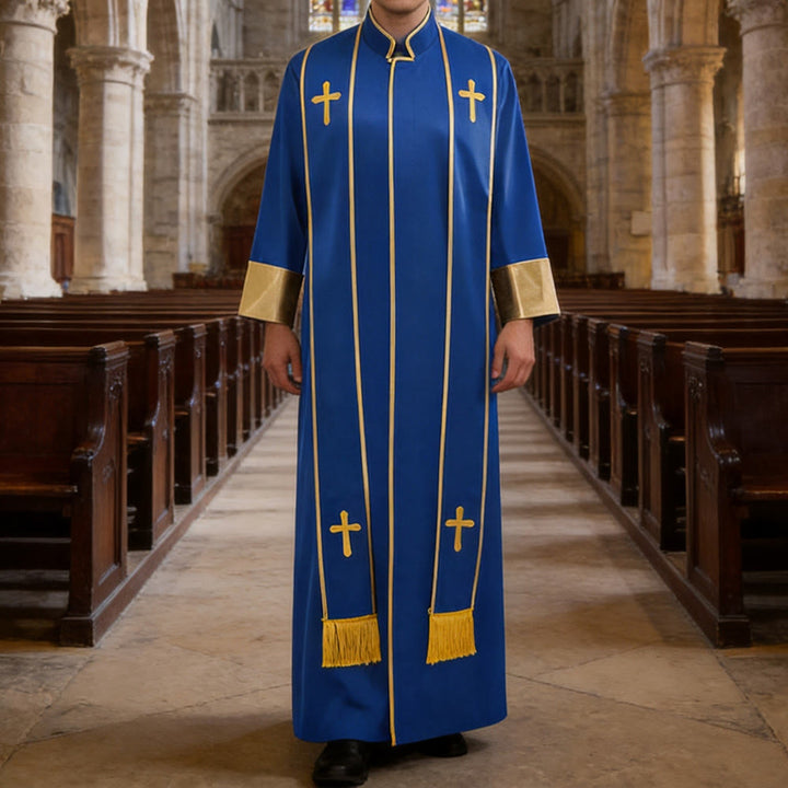 Christianartworkshop Robe de pasteur traditionnelle avec croix verticale et bordure aux manches - Bleu - 3XL - image 12