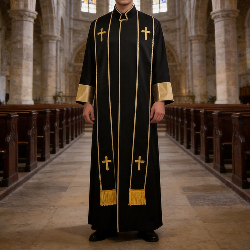 Christianartworkshop Robe de pasteur traditionnelle avec croix verticale et bordure aux manches - Noir - 3XL - image 6