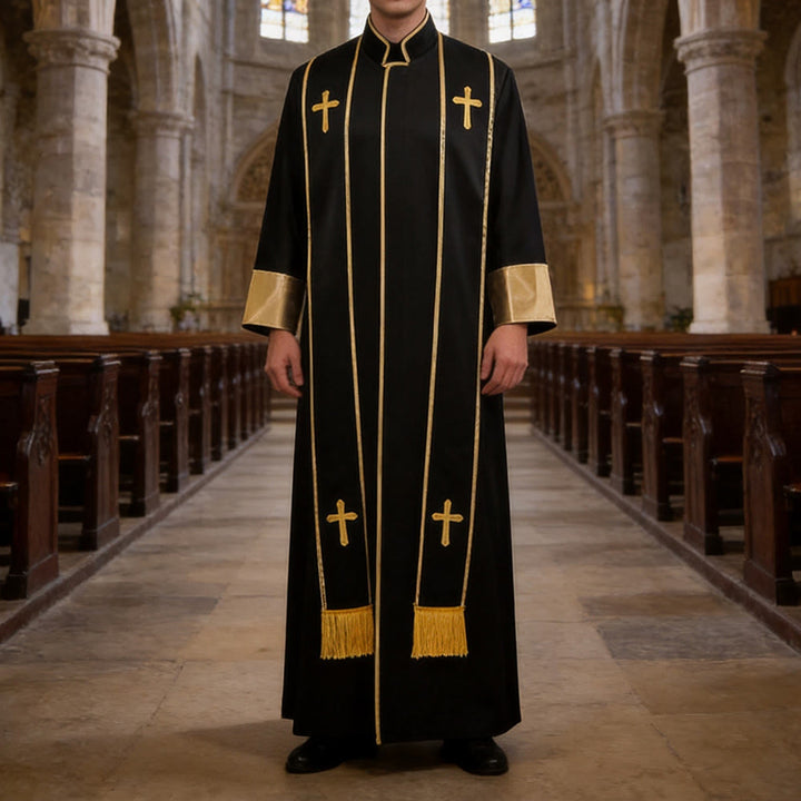 Christianartworkshop Robe de pasteur traditionnelle avec croix verticale et bordure aux manches - Noir - 3XL - image 6