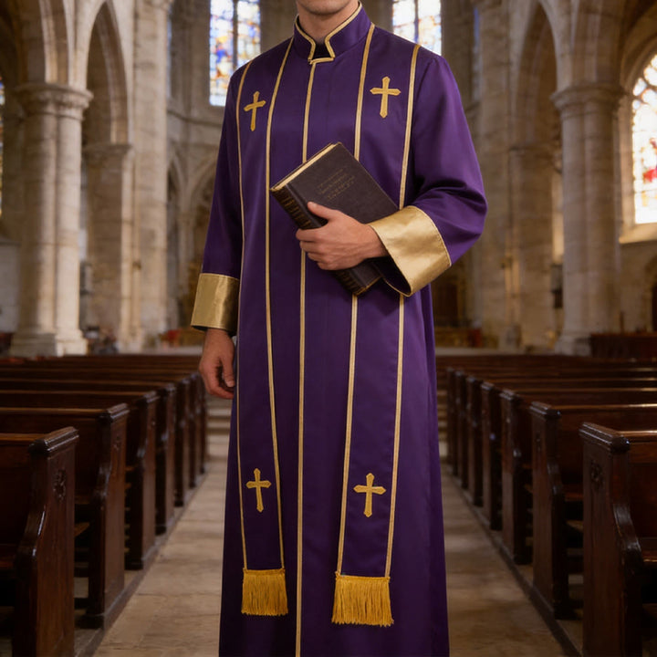 Christianartworkshop Robe de pasteur traditionnelle avec croix verticale et bordure aux manches - Violet - 3XL - image 18
