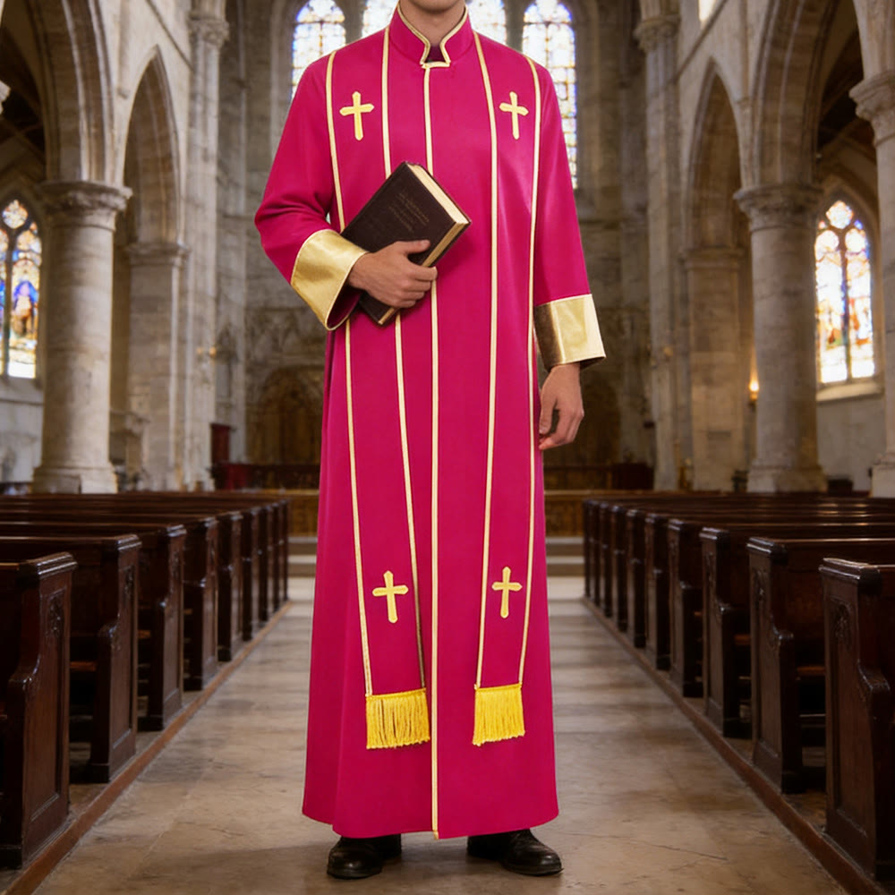 Christianartworkshop Robe de pasteur traditionnelle avec croix verticale et bordure aux manches - Rose - 3XL - image 9
