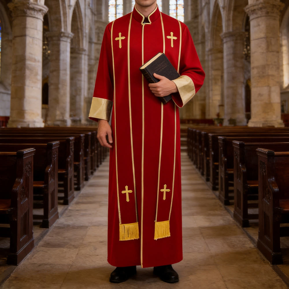 Christianartworkshop Robe de pasteur traditionnelle avec croix verticale et bordure aux manches - Rouge - 3XL - image 0