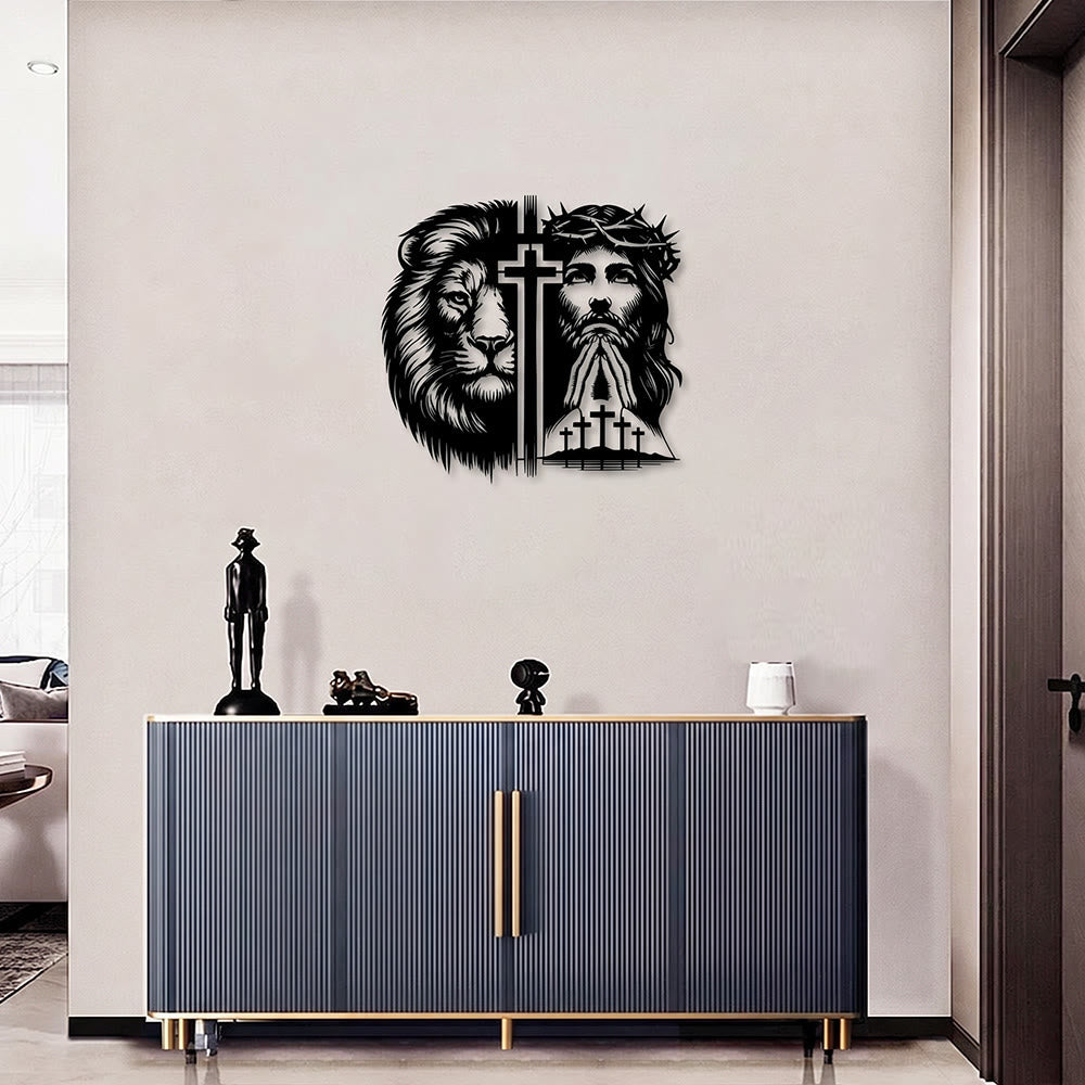 Christianartworkshop Décoration murale en métal représentant le Lion de Juda et Jésus couronné d'épines, silhouette divisée - image 0