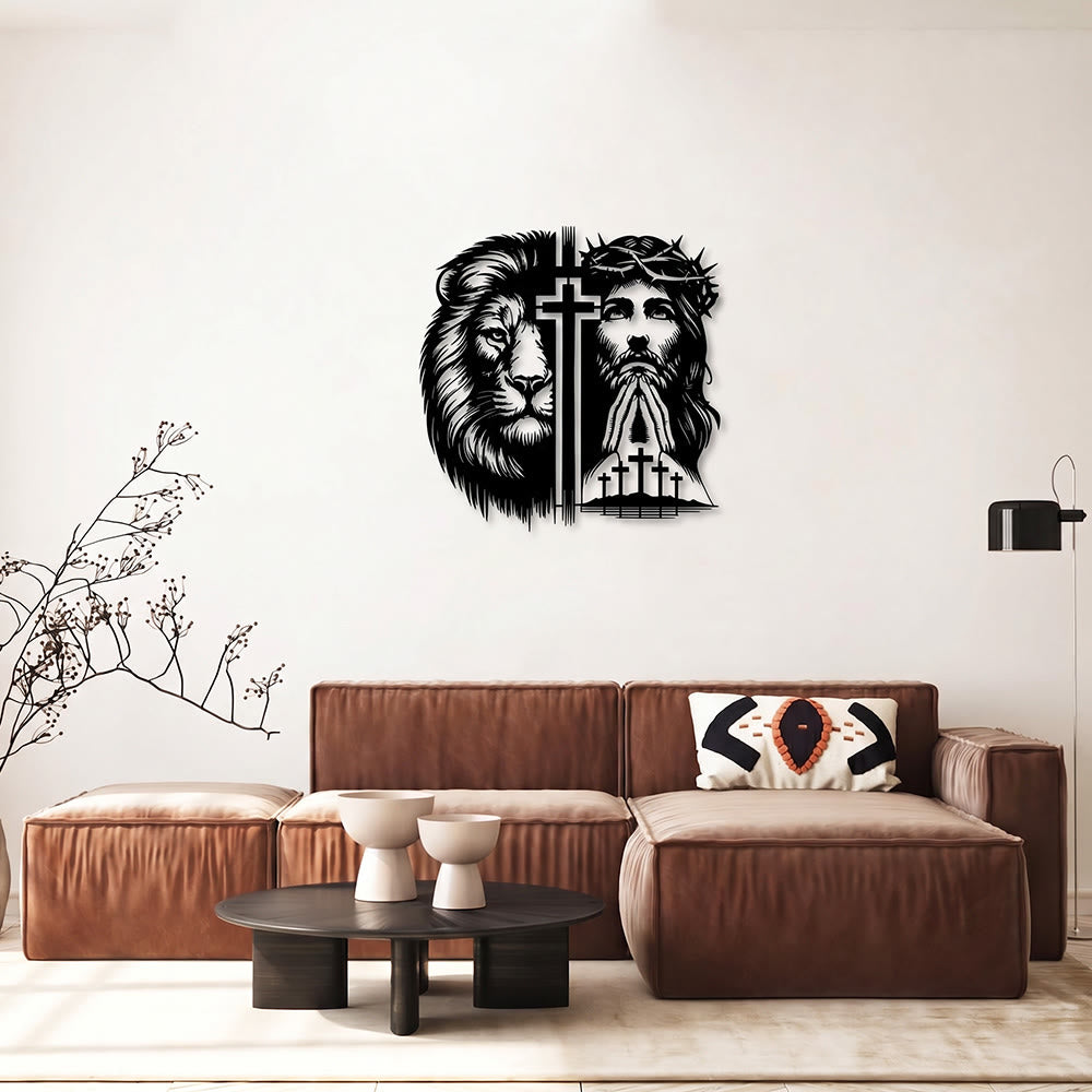 Christianartworkshop Décoration murale en métal représentant le Lion de Juda et Jésus couronné d'épines, silhouette divisée - image 3