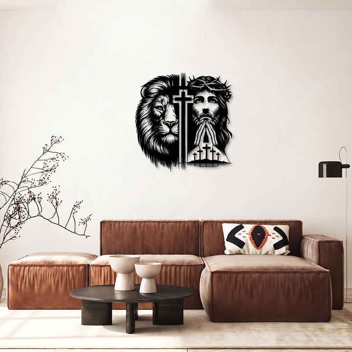 Christianartworkshop Décoration murale en métal représentant le Lion de Juda et Jésus couronné d'épines, silhouette divisée - image 3