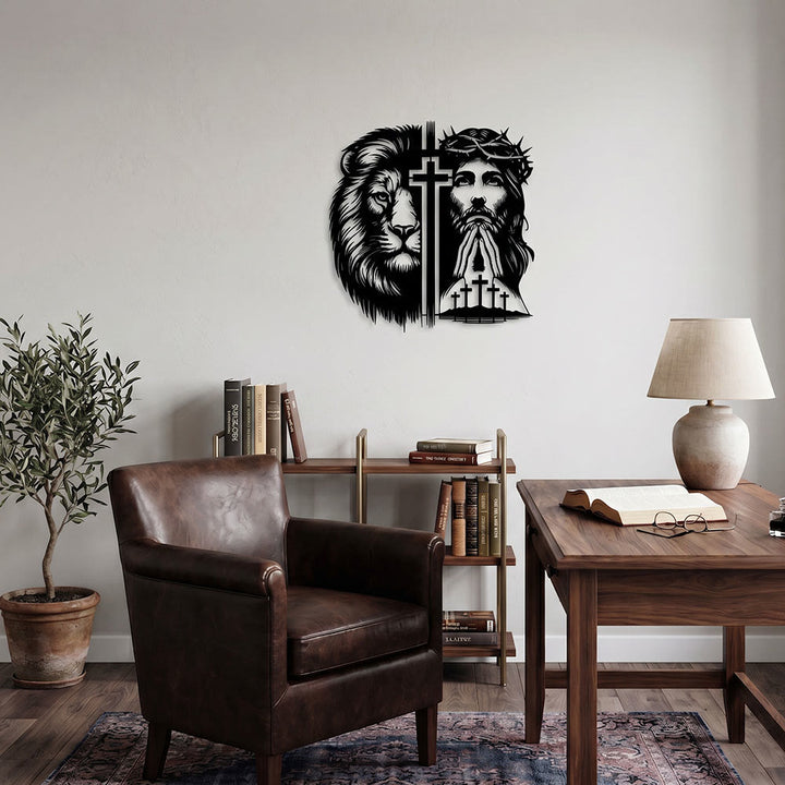 Christianartworkshop Décoration murale en métal représentant le Lion de Juda et Jésus couronné d'épines, silhouette divisée - image 1