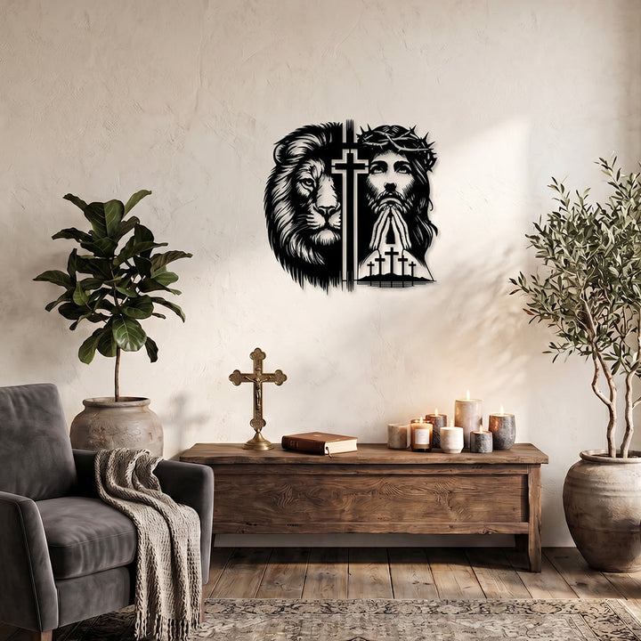 Christianartworkshop Décoration murale en métal représentant le Lion de Juda et Jésus couronné d'épines, silhouette divisée - image 2
