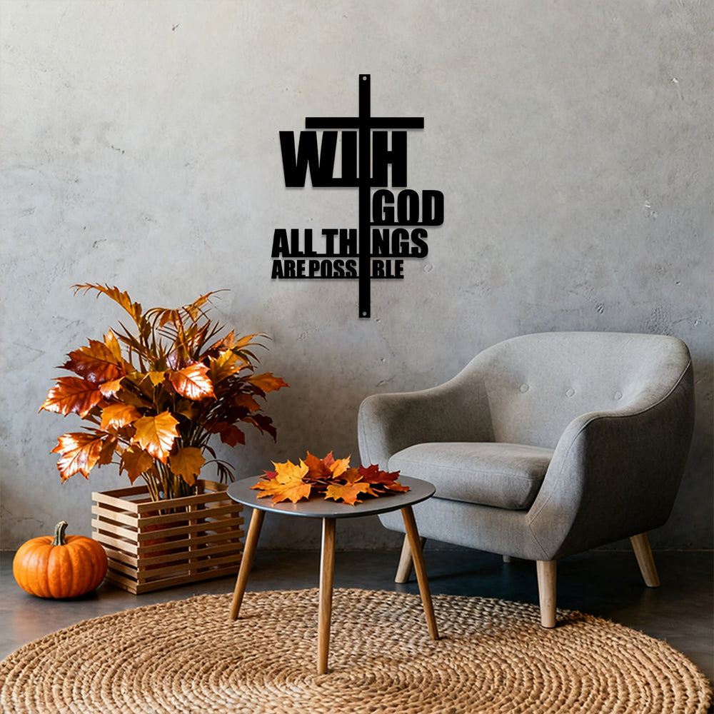 Christianartworkshop Avec Dieu, tout est possible. Décoration murale en métal avec croix intégrée : une puissante affirmation de foi. - image 1